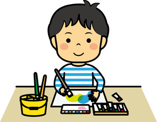 水彩画を描く男児