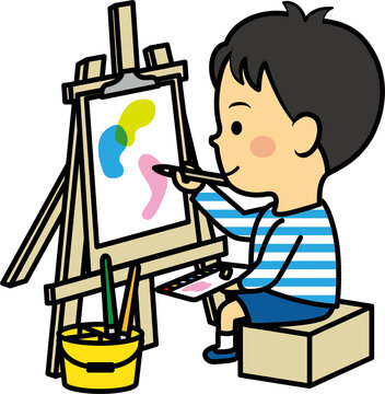 水彩画を描く男児