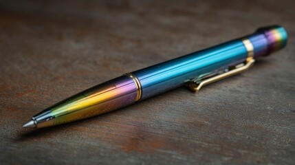 Elegant metallic pen with color gradient and fine detail on textured surface
