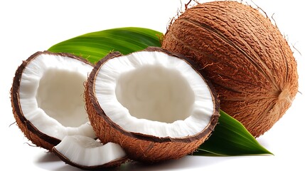 Coconut Halves, Whole Nut, Green Leaf and Shell Piece on White Background