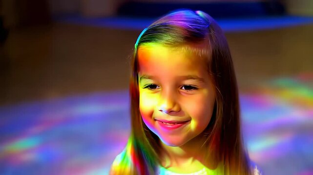 A cheerful little girl with long hair stands in soft focus while colorful light patterns dance across her face and clothes, creating a dreamy and magical effect. 