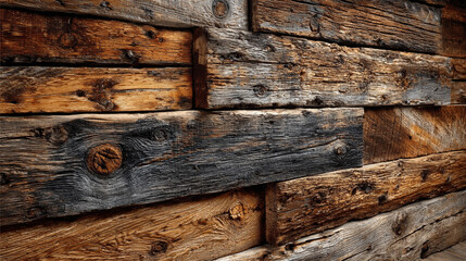 Weathered wooden wall with rough texture and aged dark brown planks. Rustic vintage look highlights natural wood grain and imperfections, perfect for backgrounds and classic design projects.


