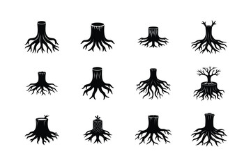 Tree Stump and Roots Silhouette Icon Set