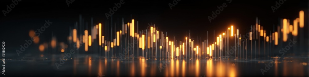 Poster abstract glowing bars forming a graph with reflections on a dark surface in a futuristic design styl