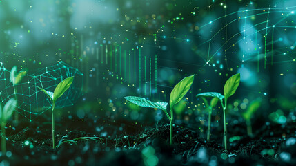 Financial growth in sustainability, with young seedlings emerging from soil, overlaid with green financial data graphs symbolizing the rise of ESG investments and ecological progress. 