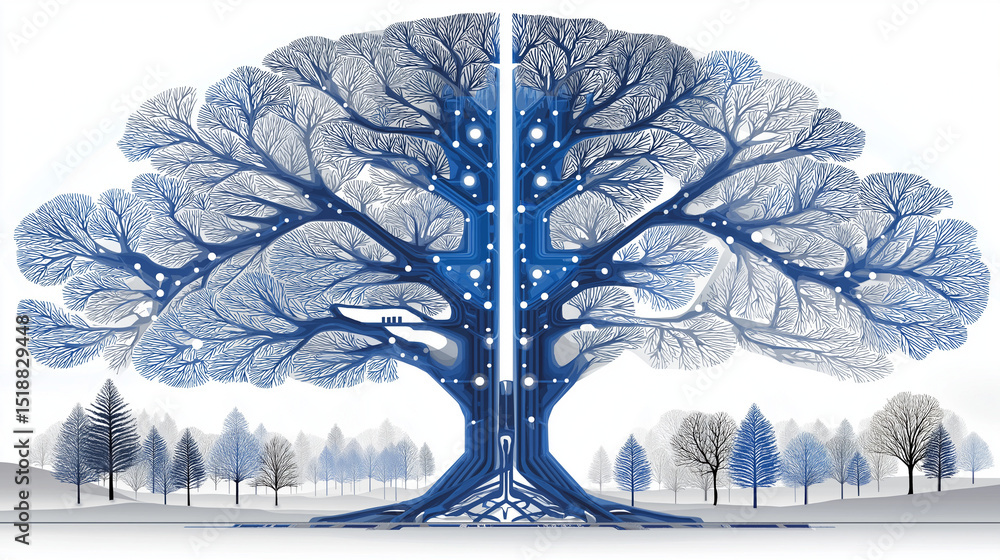 Poster digital tree of knowledge: a stunning digital illustration portrays a majestic tree intertwined with
