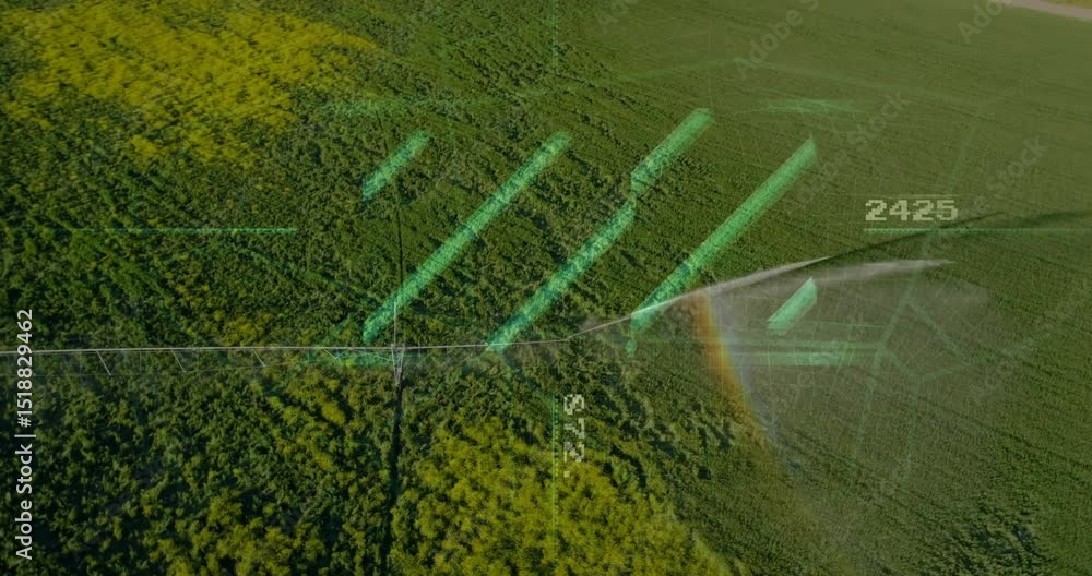 Poster opening aerial shot starting pivot arm spraying arc updating numeric hud bars showing moisture data