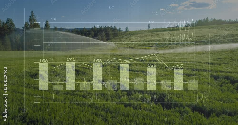 Poster aerial shot showing sprinkler pivoting spraying, chart animating values showing irrigation trends