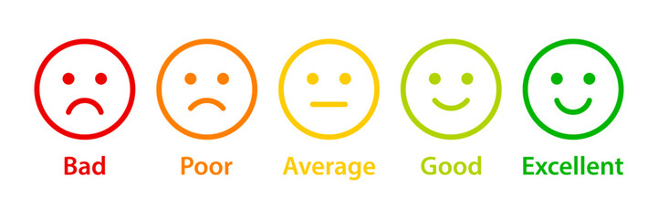 Feedback emoticons. Bad, poor, average, good and excellent rating emoji icon set