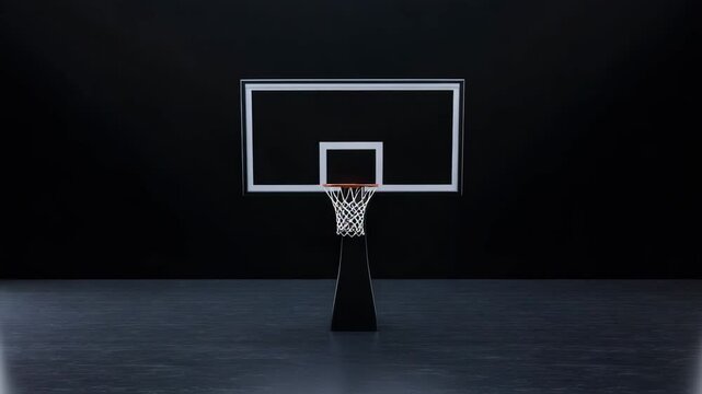 Basketball hoop with net and backboard on dark indoor court isolated against black background, sport game competition fitness exercise training with basketball rim and goal for recreation