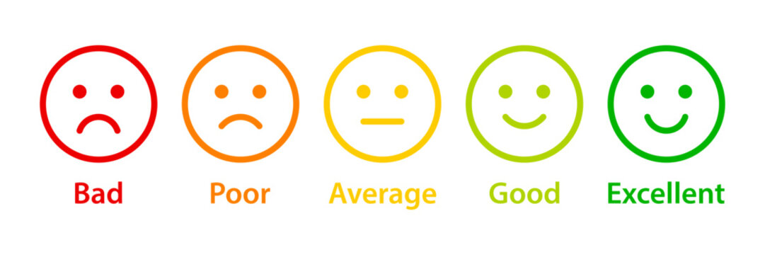 Naklejki Feedback emoticons. Bad, poor, average, good and excellent rating emoji icon set