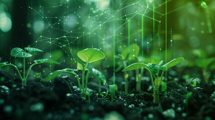 Financial growth in sustainability, with young seedlings emerging from soil, overlaid with green financial data graphs symbolizing the rise of ESG investments and ecological progress. 