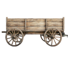 A rustic wooden cart, weathered and showing its age, with large spoked wheels, sits against a black background.  Its simple design speaks to a bygone era
