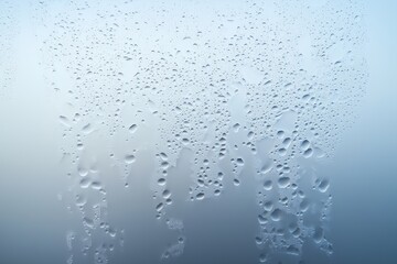 Condensation on a frosted window pane.  Small water droplets cover the surface in a varying density.  Pale blue-gray background