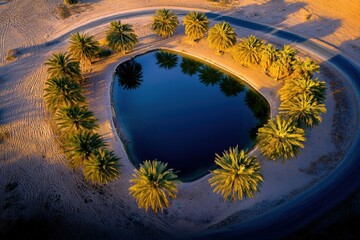 Aerial view of a desert oasis shimmering under the intense light of the afternoon sun
