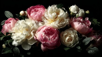 Vintage floral arrangement with pink peonies and white roses, elegant botanical composition
