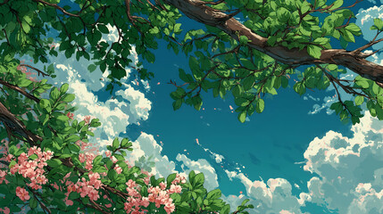 Serene Spring Landscape: Vibrant Sky, Blossoms and Foliage in a Colorful Tranquil Scene