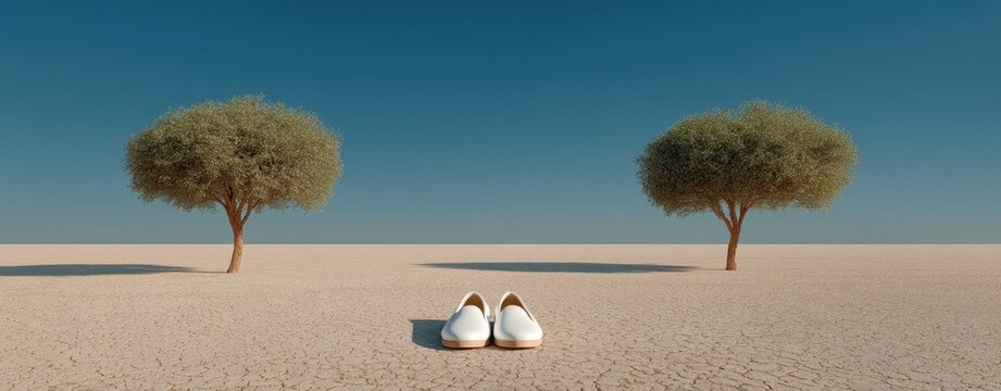 A minimalist digital rendering depicts a desert landscape under a clear blue sky. 