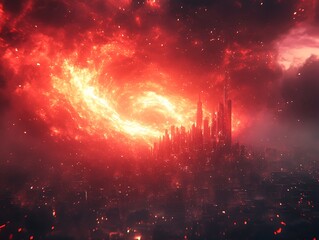 Fototapeta premium Metropolis engulfed in fiery skies, an apocalypse or cosmic event