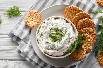 Creamy dip in a bowl, garnished with fresh dill, served with round crackers on a white striped napkin and wooden surface