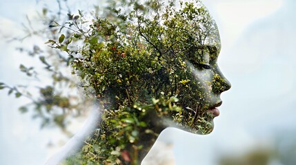 Silhouette of a woman merging with vibrant greenery, symbolizing nature and tranquility.