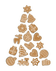 Christmas Cookies in Shape of Christmas Tree. Holiday Banner. New Year Frame. Set.Christmas Balls, Deer, Glove, Sock, Fir Trees, Gift Box, Train, Stars, Heart, Flower. Vector Illustration on White Bg.