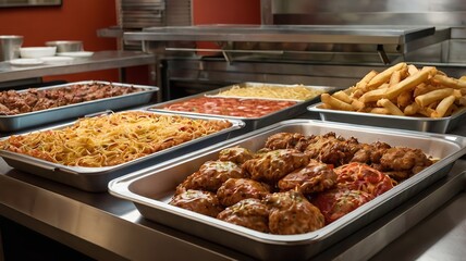 Buffet table scene of take out or delivery foods. Pizza, hamburgers, fried chicken.