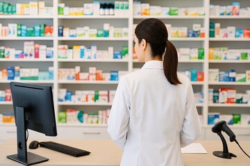 In a pharmacy store, shelves stocked with health products fill the background as a woman pharmacist cashier, clad in a white coat, stands at the counter, viewed from behind.