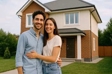 Happy couple standing in front of their new home. Young family buying new house, lifestyle. Rent or own real estate.