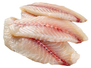 Slices of raw tilapia fillet fish isolated on white background. Suitable for marketing or business purposes. PNG file