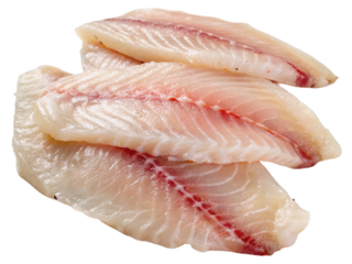 Slices of raw tilapia fillet fish isolated on white background. Suitable for marketing or business purposes. PNG file