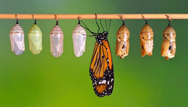 Metamorphosis Marvel: Witness the awe-inspiring transformation of a monarch butterfly, emerging from its chrysalis against a vibrant green backdrop. - Powered by Adobe