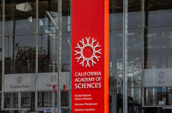Entrance sign for California Academy of Sciences in Golden Gate Park, San Francisco