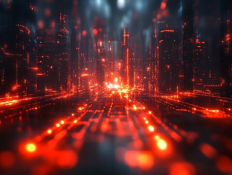 Abstract Cityscape Illuminated with Digital Red Lights Creating a Futuristic Vibe