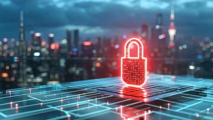 Cybersecurity concept with glowing padlock over a city skyline, digital security, network protection, data privacy, technology - Powered by Adobe