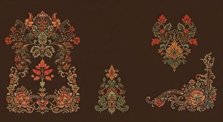 Traditional Mughal floral pattern motif set on a dark brown background