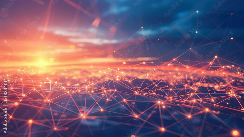 Poster abstract network connection lines over sunset sky, futuristic technology background