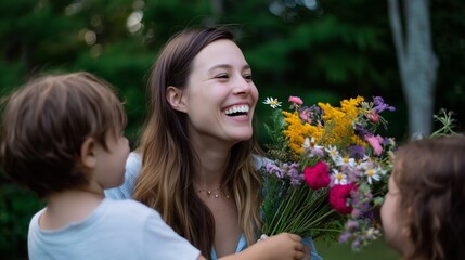 Fototapeta premium Smiling woman enjoys flowers picked by children in a sunny outdoor setting