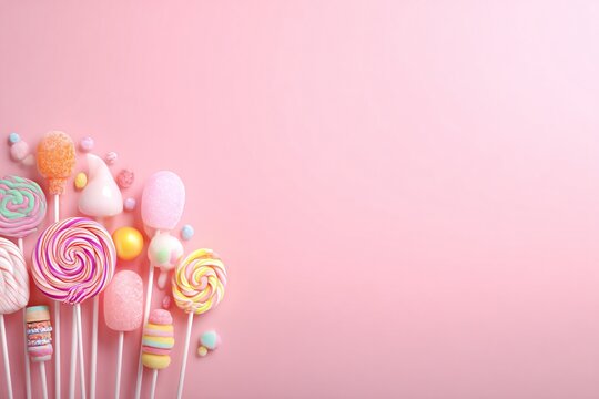Colorful Lollipops and Candy Display Sweet Treats Pink Background Festive Atmosphere Close-Up View