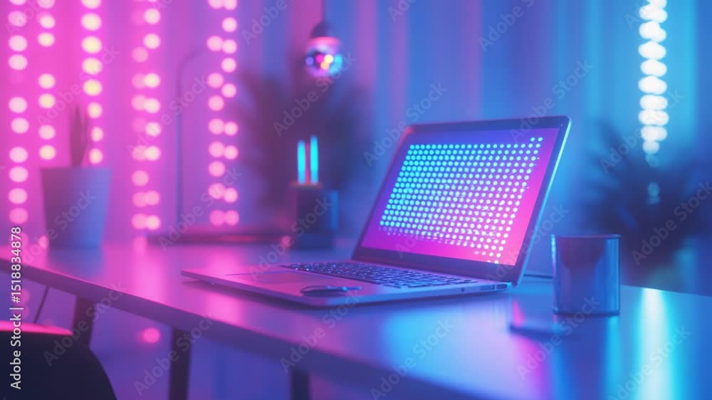 Poster laptop on desk with neon lights, futuristic workspace ambience for coding and design