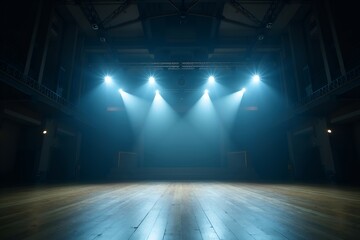 Empty Concert Hall with Dramatic Blue Stage Lighting