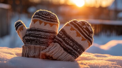 Winter gloves shaped as a heart on snow, bathed in sunset glow. Warmth and love in winter's embrace.
