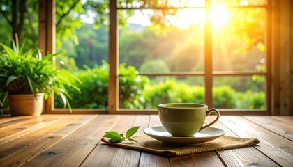 Morning Serenity: A steaming cup of tea on a wooden table, inviting a moment of peace and tranquility, framed by a window view of vibrant greenery and the warm morning sun.