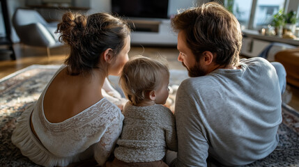 Affectionate Parents Kissing Baby's Head While Relaxing at Home Together