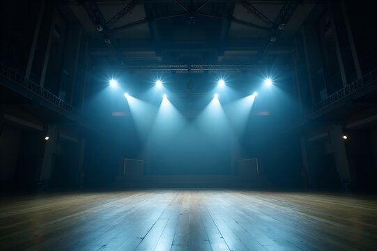 Empty Concert Hall with Dramatic Blue Stage Lighting