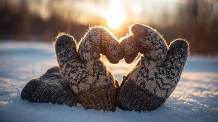 Winter gloves shaped as a heart on snow, bathed in sunset glow. Warmth and love in winter's embrace.
