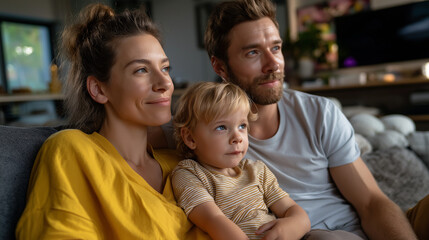 Loving Parents with Baby Relaxing Together on Living Room Sofa