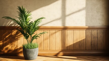 Bright sunlight streaming through a window illuminating a green potted plant against a wooden wall