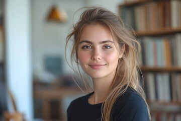 Portrait of a Smiling Young Woman in Casual Style with Brown Hair in a Library Setting