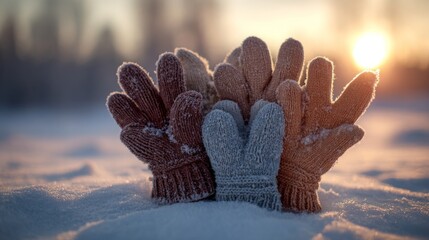 Winter gloves shaped as a heart on snow, bathed in sunset glow. Warmth and love in winter's embrace.
